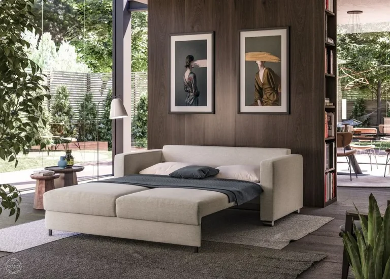 White Upholstered Luonto Sleeper Sofa in Bed Form