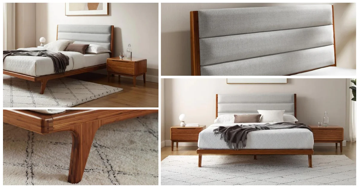 Minimalist bedroom design highlighting a mid-century inspired bamboo bed with a fabric headboard and clean wooden lines.