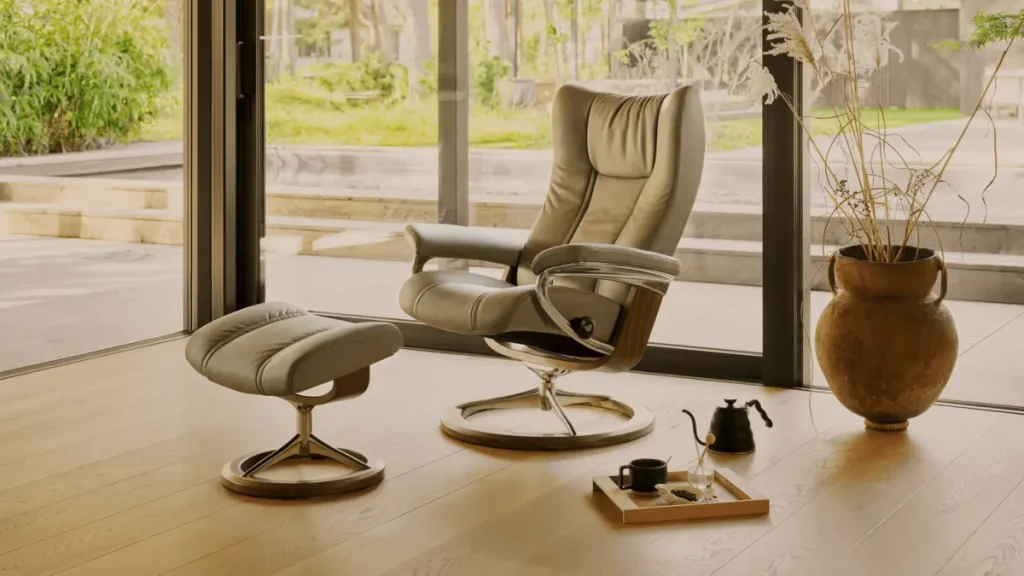 Stressless recliner and ottoman in bright modern living room