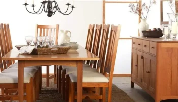 DS14 - Craftsman-style hardwood chairs with white cushions - matching table and sideboard in a dining setting