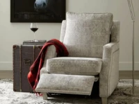 Norwalk Kobe power recliner in grey fabric upholstered scooper track arms armchair with nail-head trim and wall hugging design