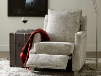 Norwalk Kobe power recliner in grey fabric upholstered scooper track arms armchair with nail-head trim and wall hugging design