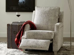 Norwalk Kobe power recliner in grey fabric upholstered scooper track arms armchair with nail-head trim and wall hugging design