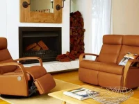 Tan leather wood armed power recliner and power reclining loveseat