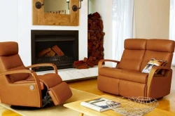 Tan leather wood armed power recliner and power reclining loveseat