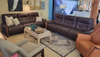 Brown leather sofas tan leather chair artwork and designer lamp