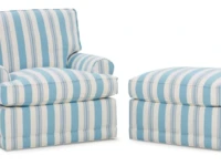 Rowe Blue and White Striped Living Room Chair with Matching Upholstered Ottoman