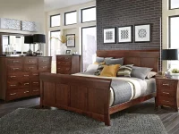Contemporary Shaker bedroom set in brown cherry featuring panel bed tall dresser and curved nightstands with chrome hardware and geometric black white artwork
