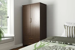 Mid century modern wardrobe in dark walnut wood featuring double doors brass hardware two drawers window seat and tropical palm decor accents