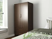 Mid century modern wardrobe in dark walnut wood featuring double doors brass hardware two drawers window seat and tropical palm decor accents