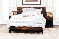 Modern industrial platform bed in reclaimed wood featuring horizontal planked headboard attached nightstands with metal base and striped linen bedding