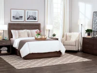 Modern platform bed set in espresso featuring floating base panel headboard dresser and nightstands with nautical artwork and geometric pattern rug