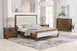 Modern platform bedroom set with upholstered panel bed in beige linen wood frame matching dresser and abstract wall art in neutral tones