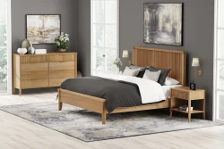 Scandinavian modern bedroom collection in natural oak with reeded panel bed dresser nightstand brass sconces and abstract art against gray walls
