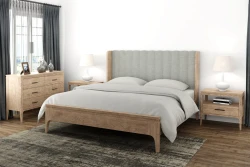 Scandinavian modern platform bed in whitewashed oak featuring channel tufted headboard tapered leg dresser nightstands with minimalist ceramic table lamps