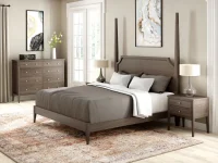 Transitional poster bed set in gray oak featuring tall corner posts dresser and nightstands with tapered legs abstract artwork and vintage style rug