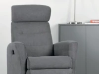 Modern gray power recliner chair with control, high back, plush cushioning, and sturdy armrests