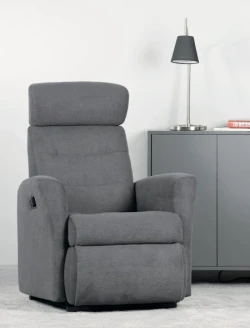 Modern gray power recliner chair with control, high back, plush cushioning, and sturdy armrests