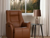 Dark tan leather H2 Seating power recliner chair with a high backrest, in a contemporary design