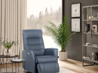 H2 Crown Sigma Blue leather power recliner chair with a high backrest and footrest partially extended in modern design