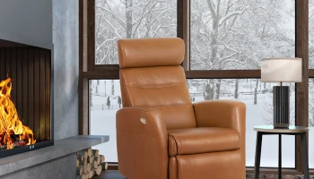 Tan H2 leather power recliner chair with a high backrest, in a contemporary design