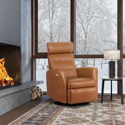 Tan H2 leather power recliner chair with a high backrest, in a contemporary design