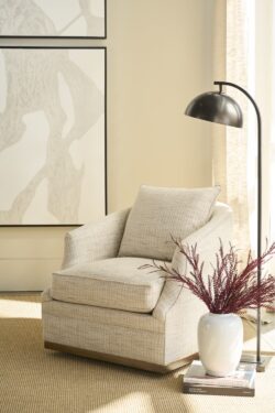 Rowe - Beige Patterned Armchair With Plush Cushions Near Floor Lamp, White Vase, Books, Under Abstract Art, Home Decor