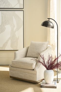 Rowe - Beige Patterned Armchair With Plush Cushions Near Floor Lamp, White Vase, Books, Under Abstract Art, Home Decor