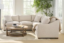 Rowe - Beige Sectional Sofa With Plush Cushions Near Large Windows And Plant, With Wooden Coffee Table, Home Decor