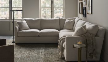 Rowe - Beige Sectional Sofa With Plush Cushions, Throw Blanket, Near Side Table In Living Room