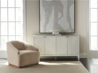 Rowe - Beige Shaggy Armchair With Wooden Base Near White Console Table With Geometric Ribbed Panel Doors Under Abstract Art Home Decor