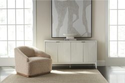 Rowe - Beige Shaggy Armchair With Wooden Base Near White Console Table With Geometric Ribbed Panel Doors Under Abstract Art Home Decor