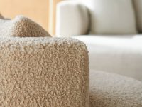 Rowe - Beige Shaggy Sectional Sofa With Plush Cushions Near White Sofa Home Decor Upholstery