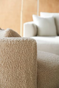 Rowe - Beige Shaggy Sectional Sofa With Plush Cushions Near White Sofa Home Decor Upholstery