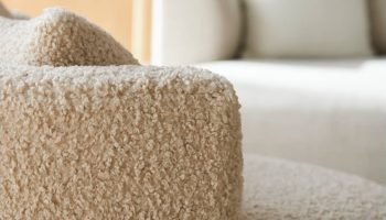 Rowe - Beige Shaggy Sectional Sofa With Plush Cushions Near White Sofa Home Decor Upholstery