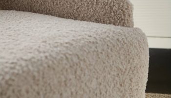 Rowe - Beige Shaggy Sofa With Plush Upholstery On Light Rug Near Wooden Console Table