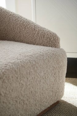 Rowe - Beige Shaggy Sofa With Plush Upholstery On Light Rug Near Wooden Console Table