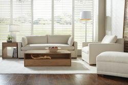 Rowe - Beige Sofa And Armchair Set With Wooden Coffee Table Under Window With White Shutters Home Decor Living Room