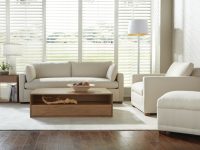 Rowe - Beige Sofa And Armchair Set With Wooden Coffee Table Under Window With White Shutters Home Decor Living Room