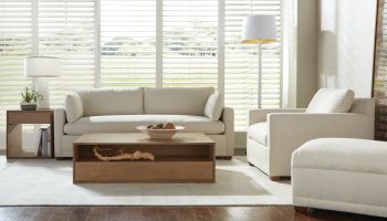 Rowe - Beige Sofa And Armchair Set With Wooden Coffee Table Under Window With White Shutters Home Decor Living Room