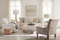 Rowe - Beige Sofa With Patterned Armchairs And Ottoman Under Large Mirror In Home Decor Setting