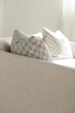 Rowe - Beige Sofa With Patterned Pillows Upholstery Home Decor