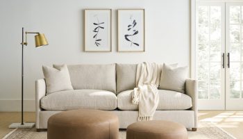 Rowe - Beige Sofa With Plush Cushions And Throw Blanket, Two Brown Ottomans, Under Wall Art, Home Decor