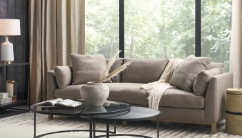 Rowe - Beige Sofa With Plush Cushions And Throw Near Large Windows, Black Coffee Table, Home Decor, Upholstery