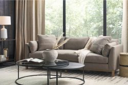 Rowe - Beige Sofa With Plush Cushions And Throw Near Large Windows, Black Coffee Table, Home Decor, Upholstery