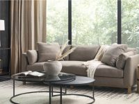 Rowe - Beige Sofa With Plush Cushions And Throw Near Large Windows, Black Coffee Table, Home Decor, Upholstery