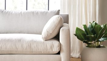 Rowe - Beige Sofa With Plush Cushions Near Large Window With White Curtains And Potted Plant Home Decor