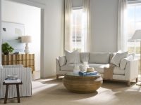 Rowe - Beige Sofa With Plush Cushions Near Wooden Coffee Table Under Large Window Home Decor