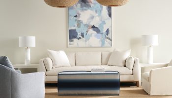 Rowe - Beige Sofa With Plush Cushions Under Abstract Art, Flanked By White Lamps, Grey And Beige Armchairs, Home Decor