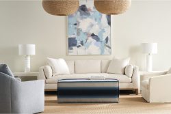 Rowe - Beige Sofa With Plush Cushions Under Abstract Art, Flanked By White Lamps, Grey And Beige Armchairs, Home Decor